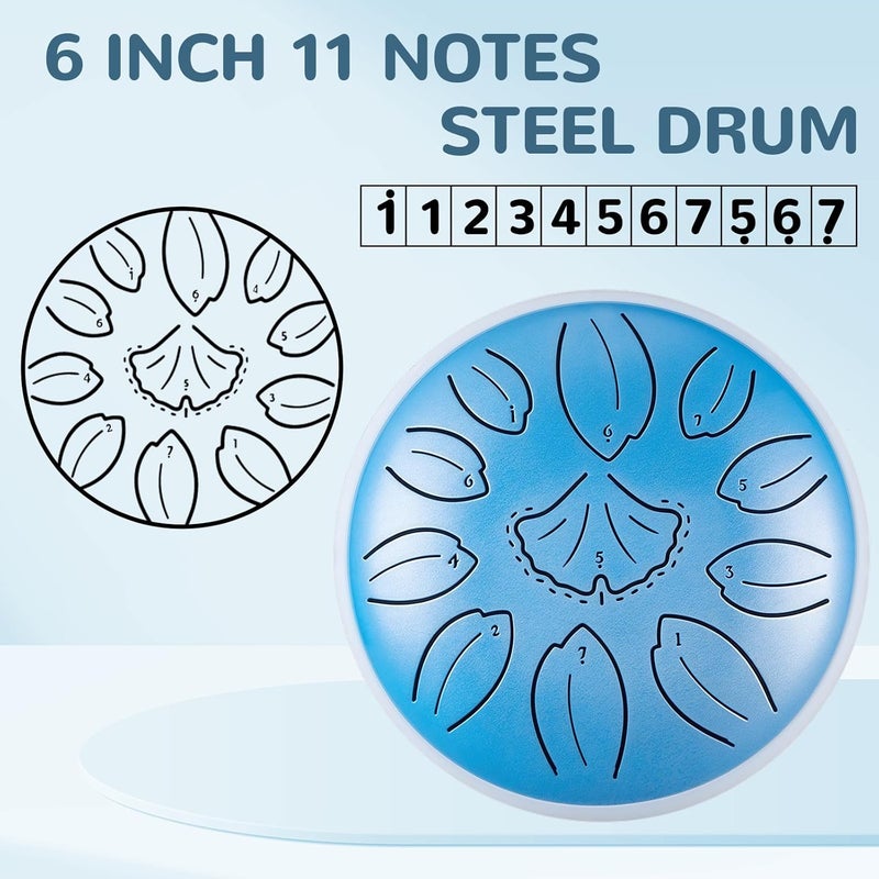 TUOKING Steel Tongue Drum 6 Inch 11 Notes C Key Rain Drum for Adults and Beginners, Handpan Drum Sound Healing Musical Instrument Gift for Meditation, Yoga, Music Lovers(Blue) - Image 2